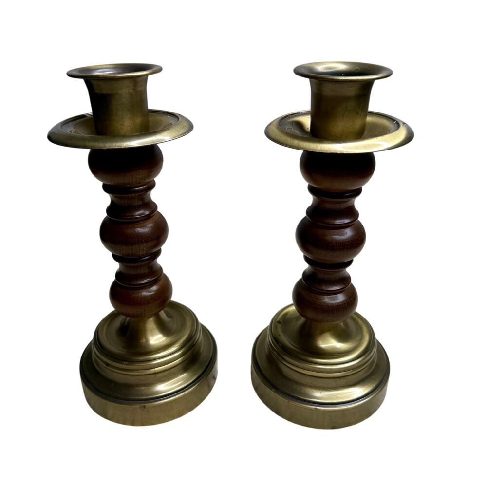 Vintage Mid Century Brass and Wood Candlestick Holders Set of Two Heavy